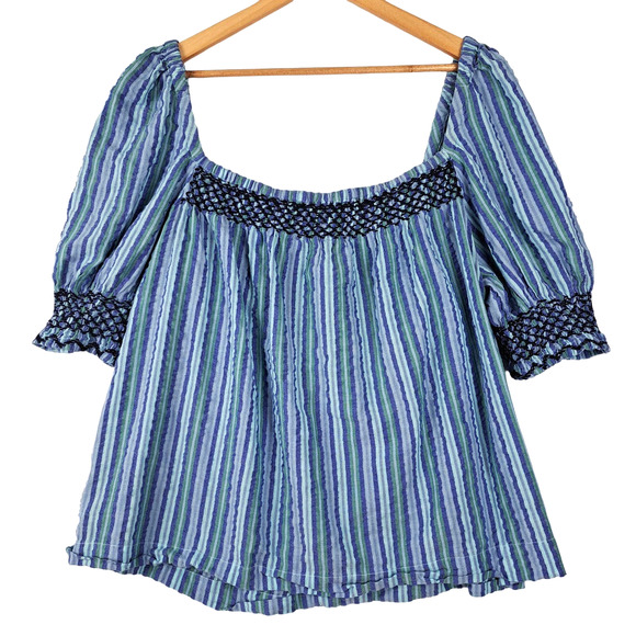 Faherty Top Womens Large Presley Seersucker Coast Boho Smocked Peasant Fairycore - Picture 8 of 8